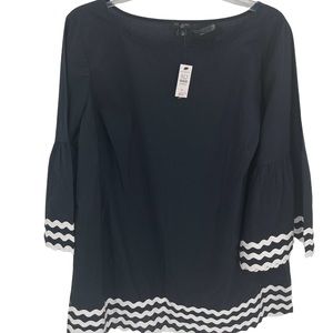 Talbots woman’s NWOT size 1X bell sleeve top Black tunic style white trim cotton